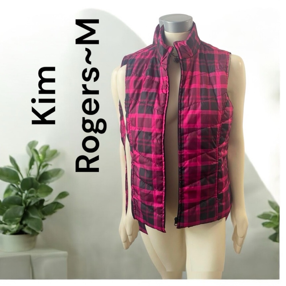 🖤 KIM ROGERS Women’s pockets quilted Puffer full zip plaid Vest Fuchsia Black M - Picture 2 of 14